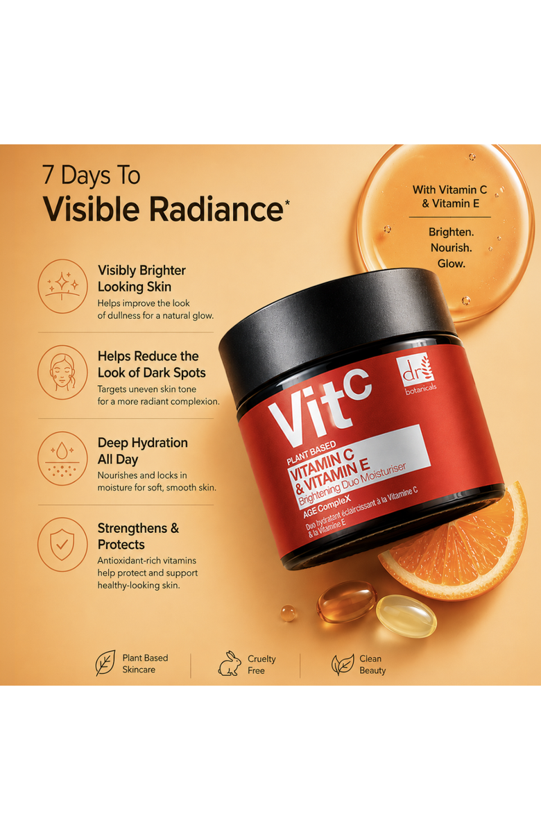DR BOTANICALS Vitamin C 1% & Vitamin E Brightening Duo Moisturiser 60ml for Brightening, Dark Spots, Alternate, color, White