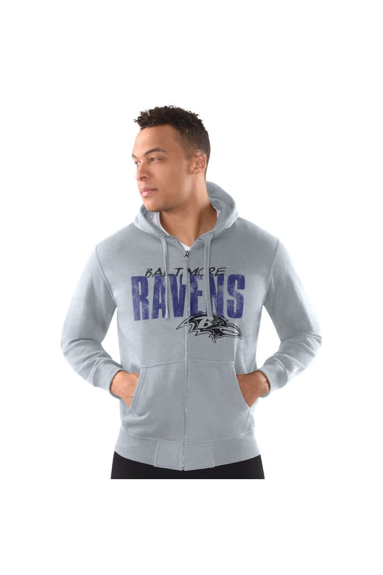 Men's Starter Heather Gray Baltimore Ravens Distressed Classic Full-Zip Hoodie, Main, color, Heather Gray