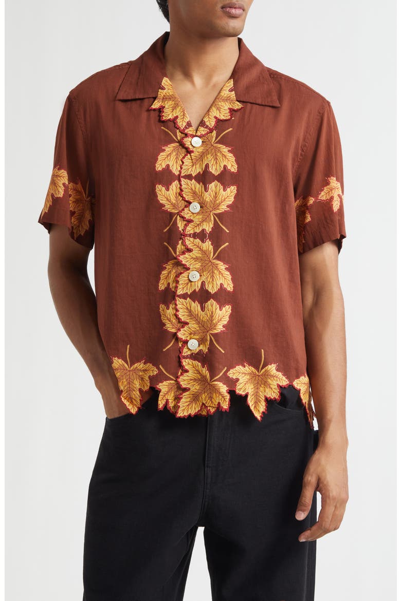 Harvest Floor Leaf Appliqué Camp Shirt, Main, color, AUBURN