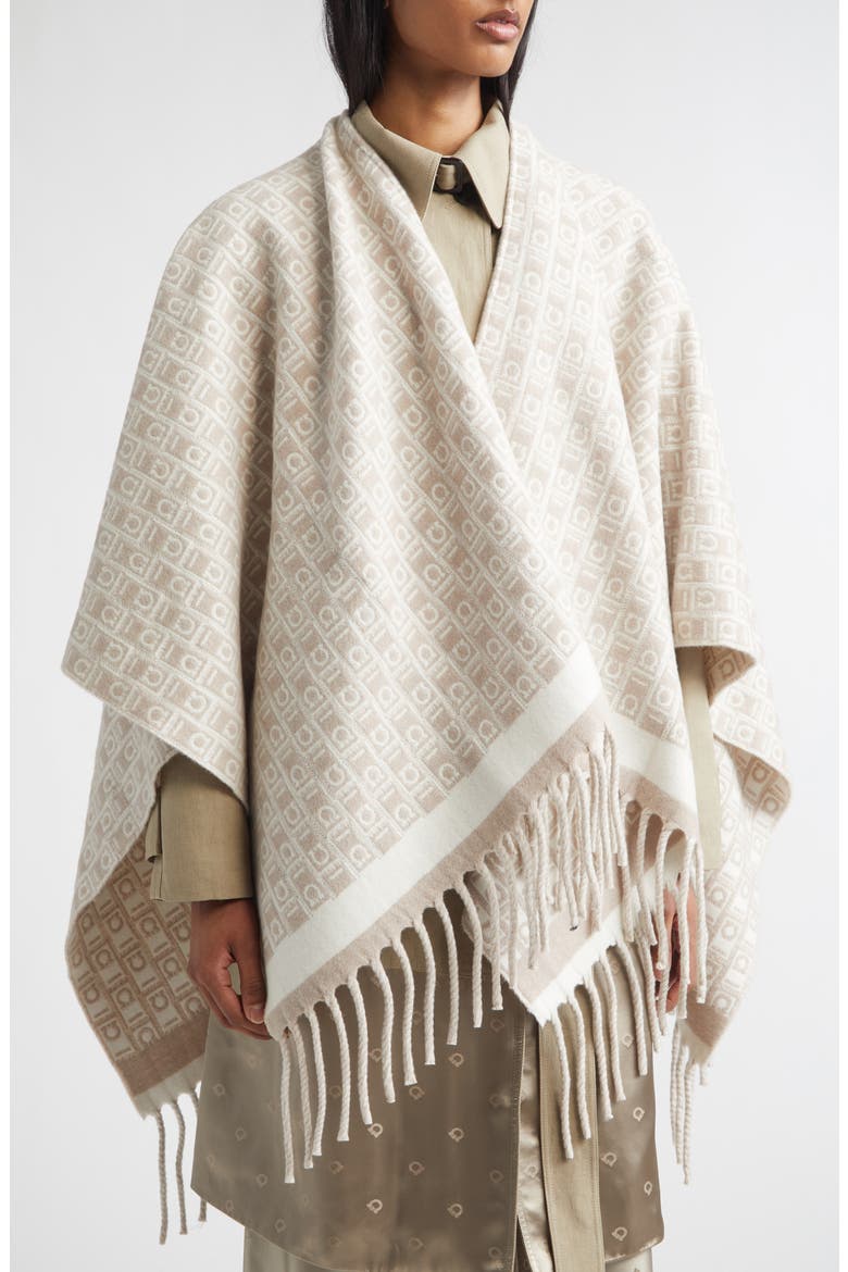 Gancini Monogram Wool Fringe Cape, Alternate, color, MASCARPONE