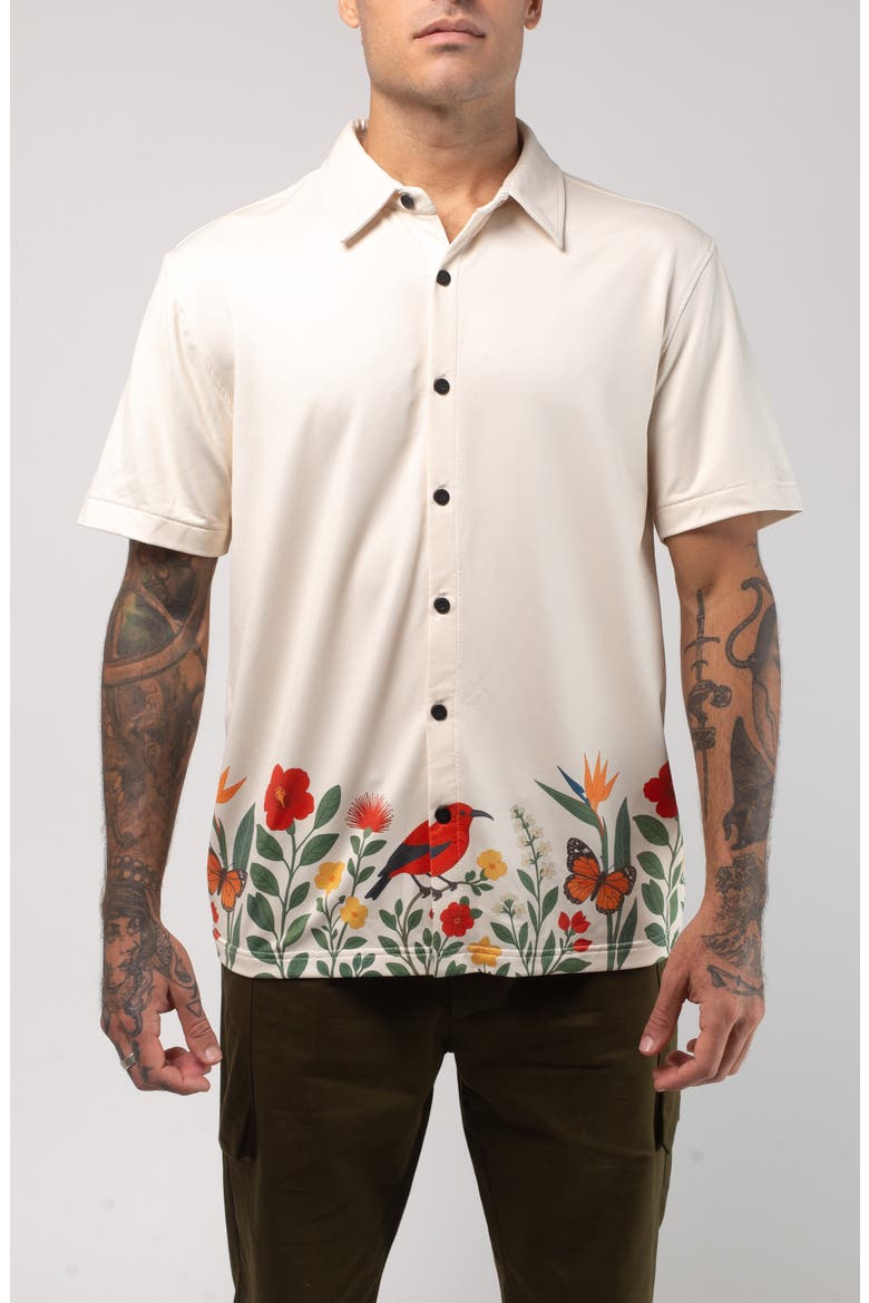Aqua Terra Floral Fauna Tech Short Sleeve Performance Button-Up Shirt, Main, color, SAND MULTI