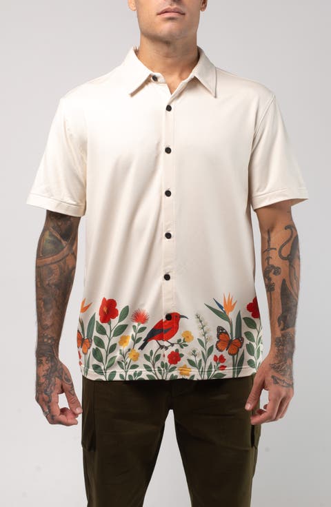 Aqua Terra Floral Fauna Tech Short Sleeve Performance Button-Up Shirt
