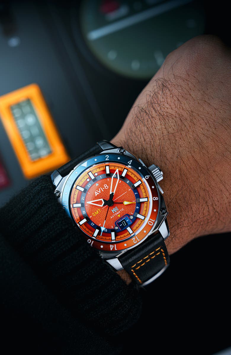 AVI-8 Hawker Hunter Atlas GMT Movement Leather Strap Watch, 44mm, Alternate, color, 