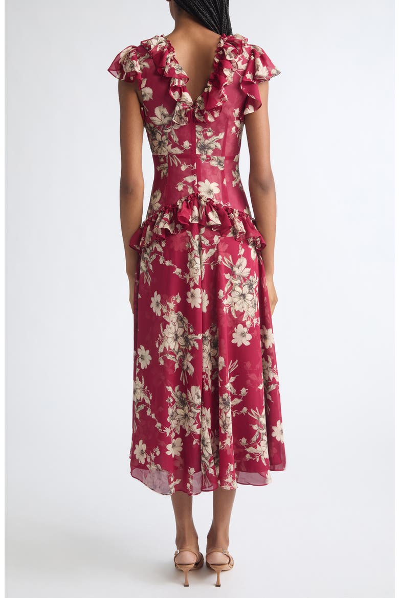 Floral Ruffle Chiffon Midi Dress, Alternate, color, BERRYWINE/ GARDENIA