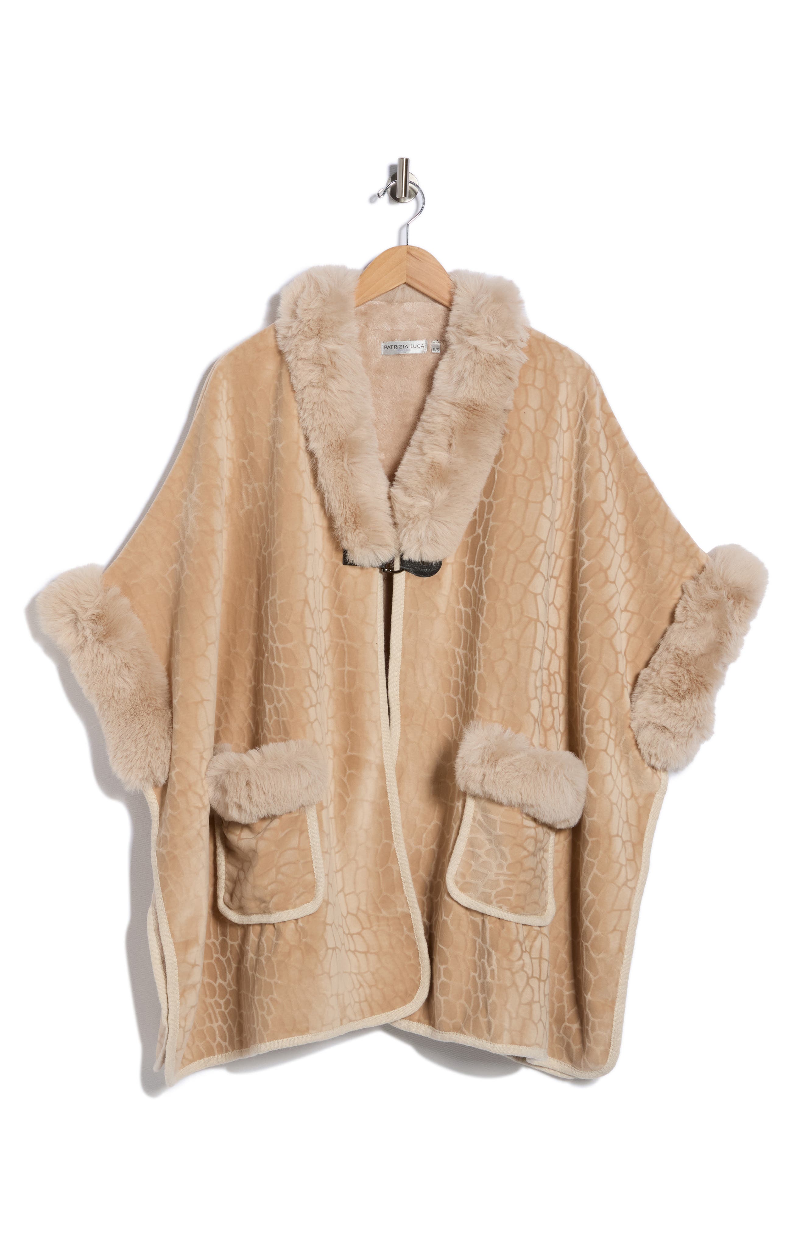 Front Pocket Faux Fur Trim Cape