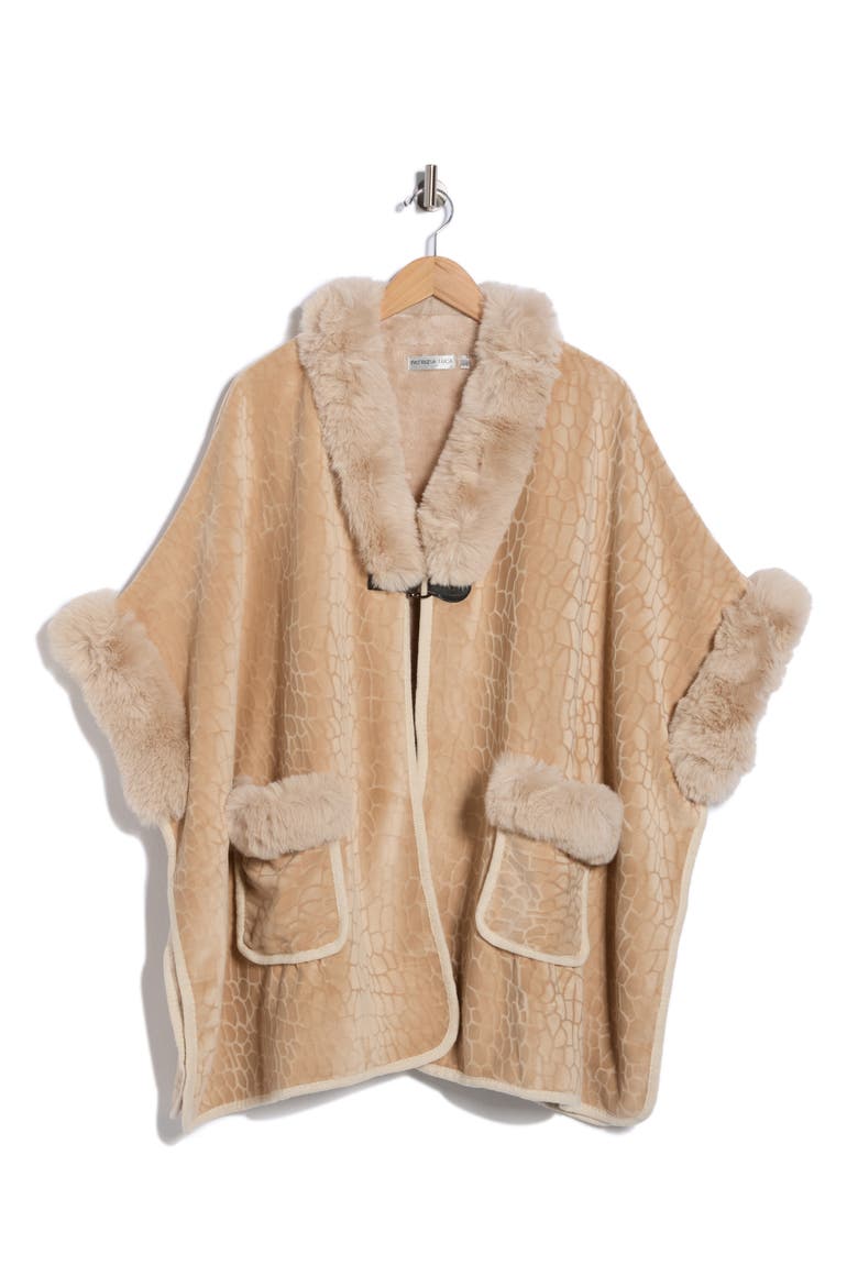 Front Pocket Faux Fur Trim Cape, Alternate, color, BEIGE