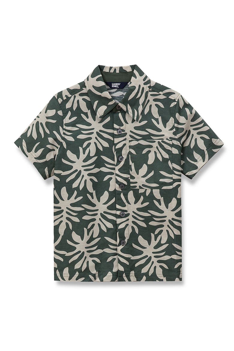 Boys Short Sleeve Linen Slub Button Down Shirt, Main, color, Tropical Leaf/Forest Green