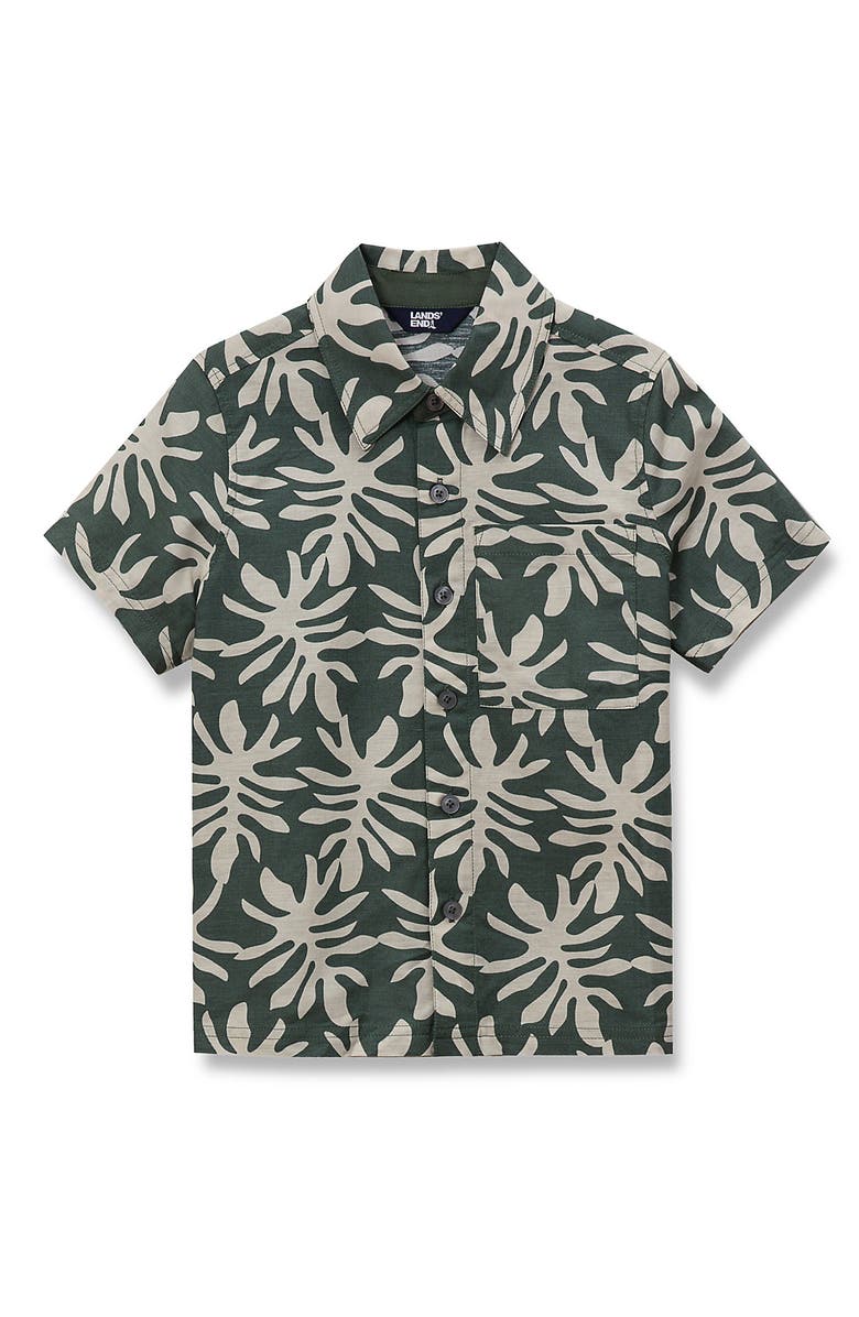 Lands' End Boys Short Sleeve Linen Slub Button Down Shirt, Main, color, Tropical Leaf/Forest Green