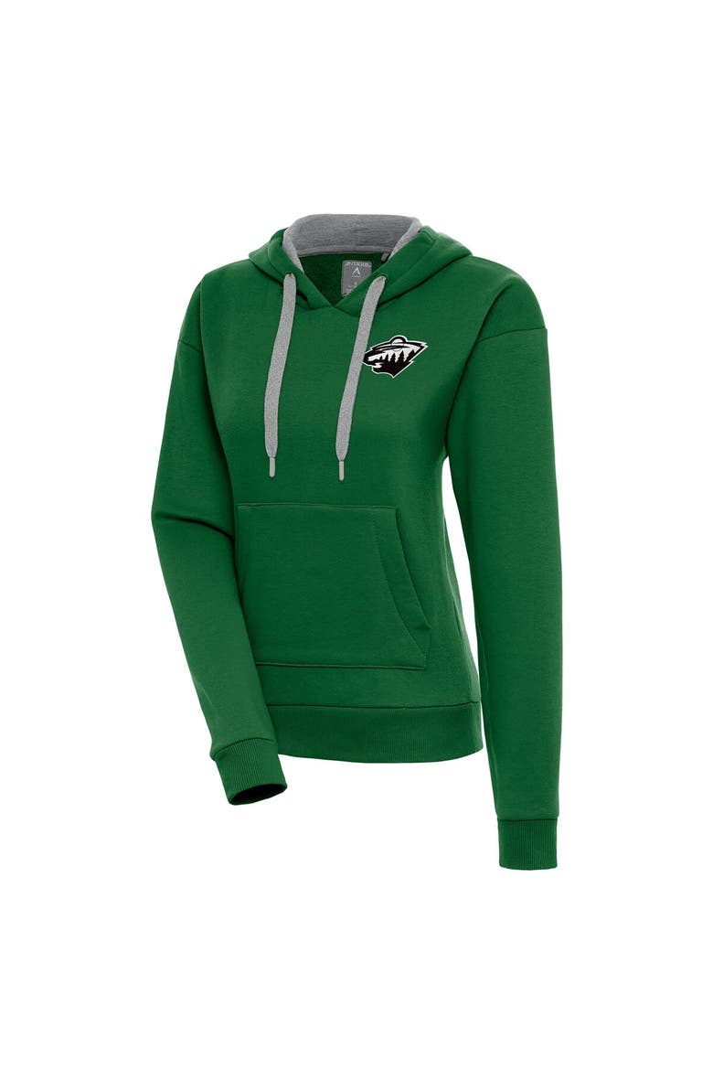 Women's Antigua  Green Minnesota Wild Metallic Logo Victory Pullover Hoodie, Main, color, Hunter Green