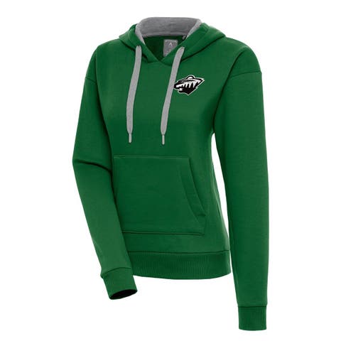 Women's Antigua  Green Minnesota Wild Metallic Logo Victory Pullover Hoodie