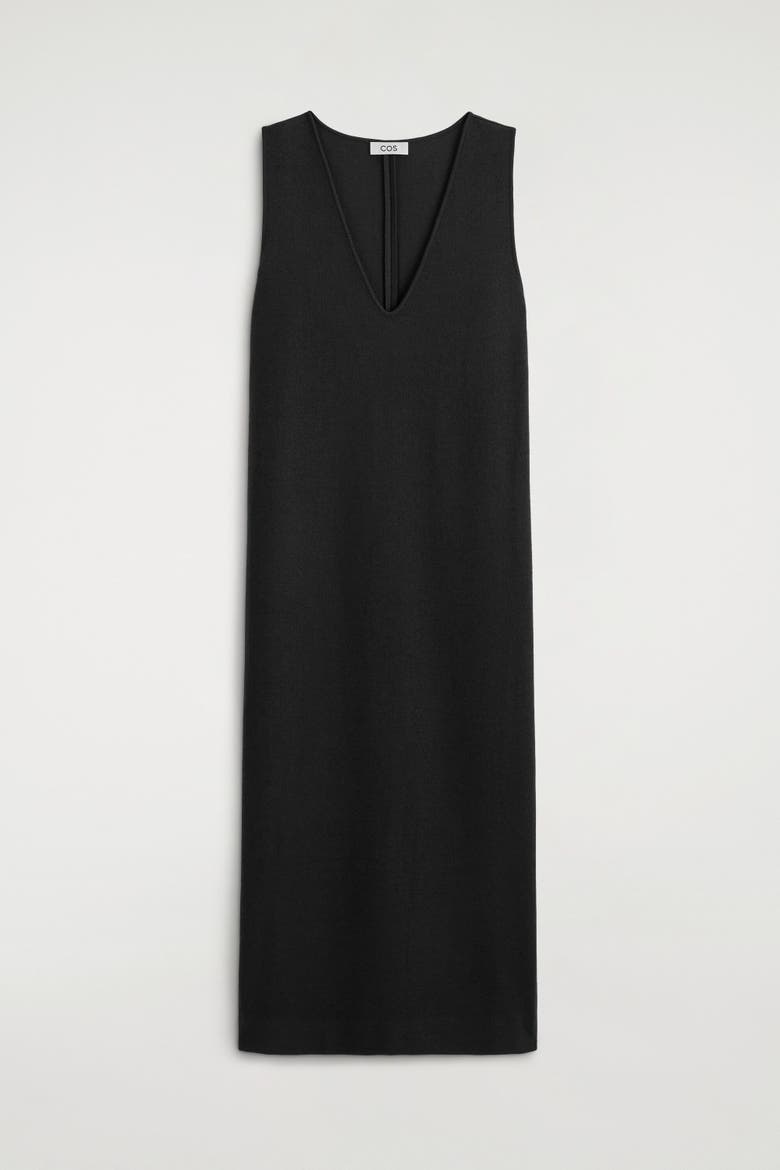 Boiled Wool-Blend V-Neck Midi Dress, Alternate, color, BLACK