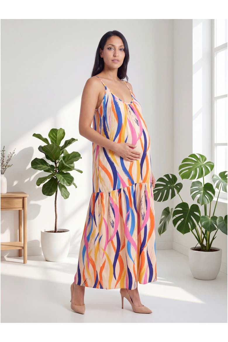 Maternity Essential Abstract Print Scoop Neck Spaghetti Strap Pocket A-Line Maxi Dress, Alternate, color, Orange Multi