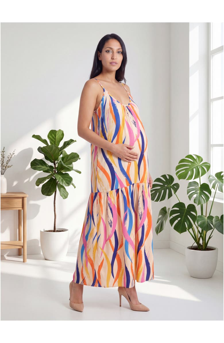 24seven Comfort Apparel Maternity Essential Abstract Print Scoop Neck Spaghetti Strap Pocket A-Line Maxi Dress, Alternate, color, Orange Multi