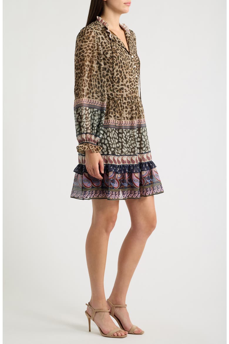 Mixed Print Long Sleeve Tiered Dress, Alternate, color, BROWN MULTI