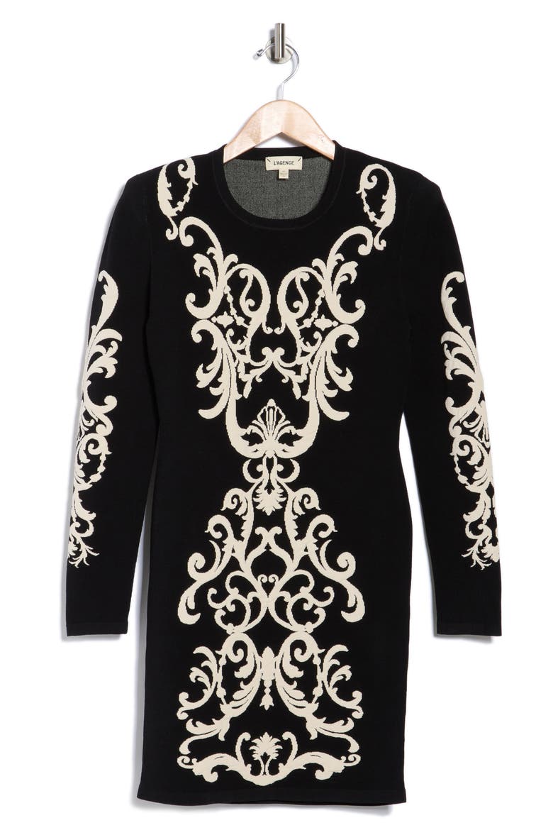Amadi Long Sleeve Jacquard Dress, Alternate, color, BLACK/ BONE