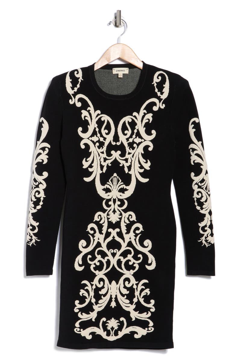 L'AGENCE Amadi Long Sleeve Jacquard Dress, Alternate, color, Black/ Bone