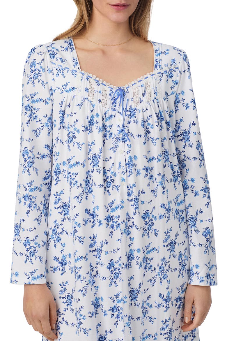 Long Sleeve Cotton Jersey Short Nightgown, Alternate, color, WHITE/ NAVY
