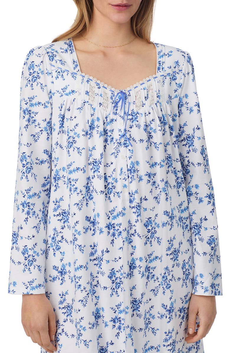 Eileen West Long Sleeve Cotton Jersey Short Nightgown, Alternate, color, White/ Navy