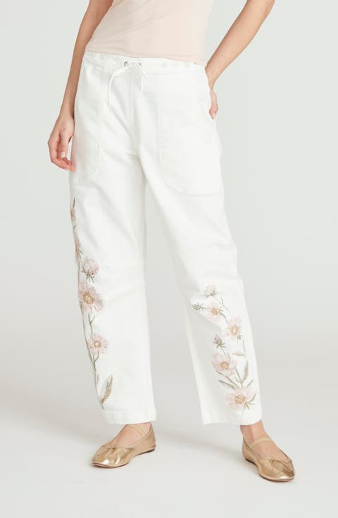 Twyla Embroidered Drawstring Waist Wide Leg Jeans