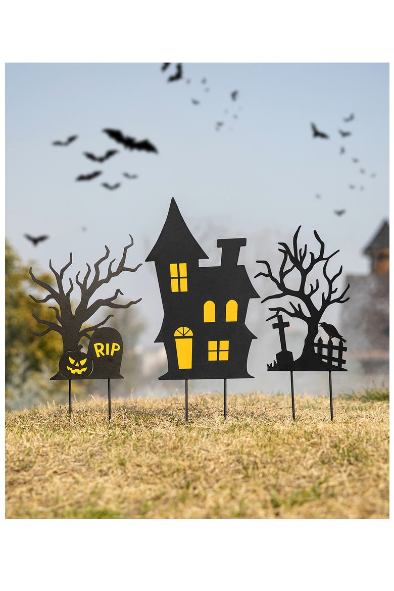 Set of 3 Halloween Metal Haunted House Yard Stake, Alternate, color, Black