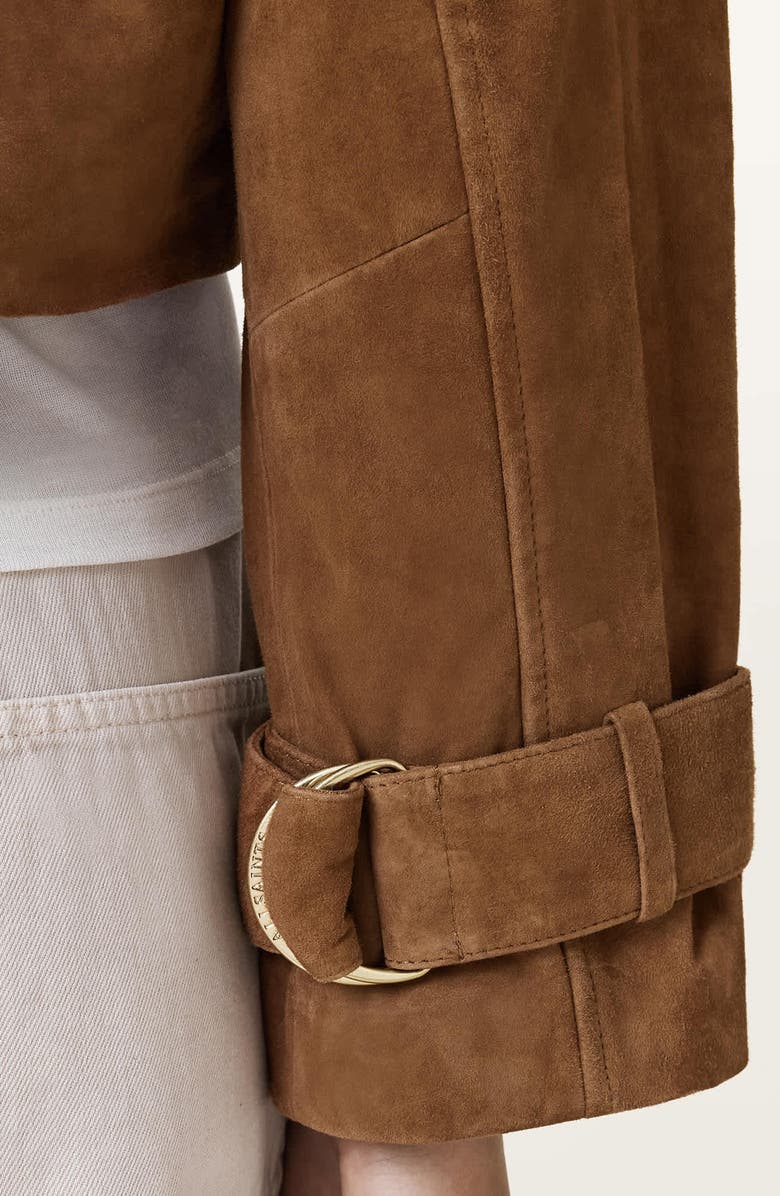 AllSaints Hendry Suede Crop Trench Coat, Alternate, color, Sugar Brown