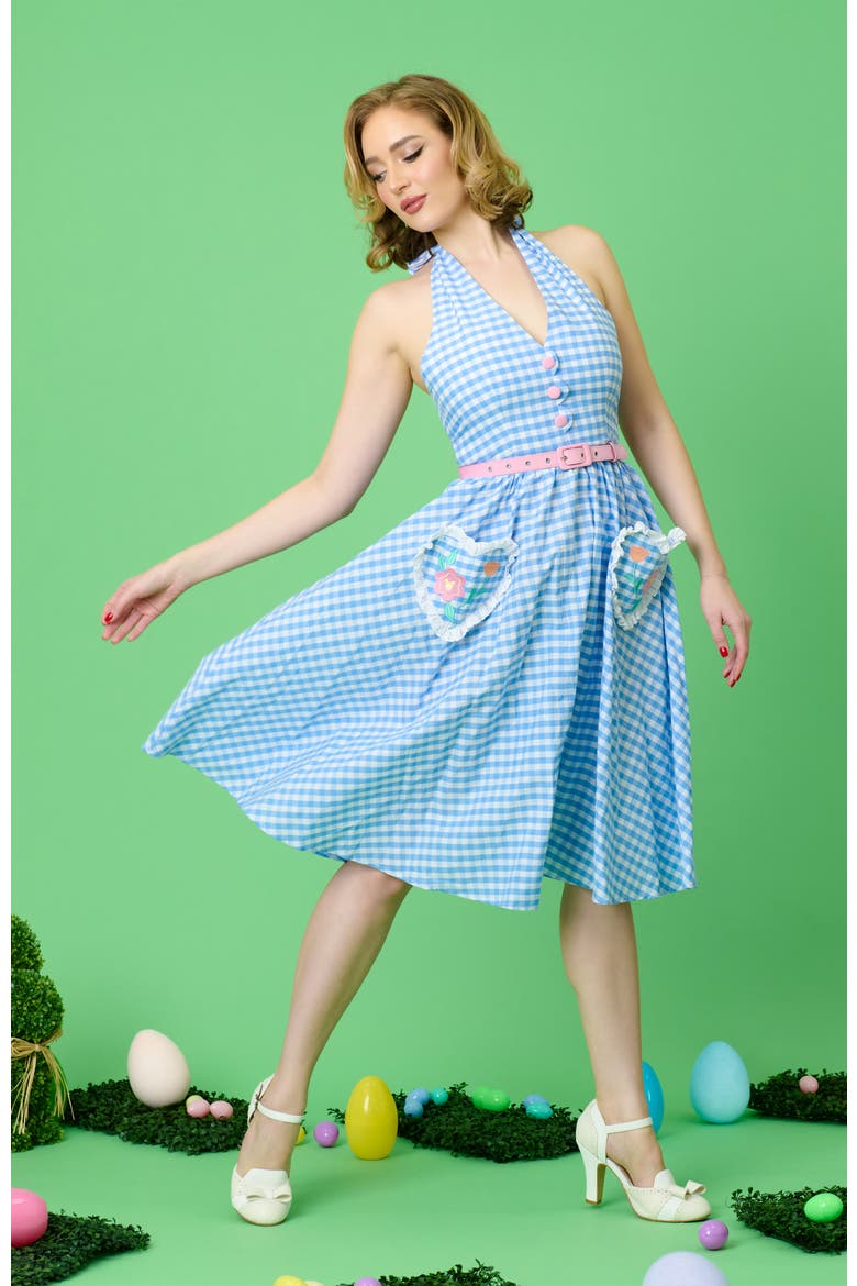 Belted Scallop Front Halter Swing Dress, Alternate, color, Blue Gingham Floral