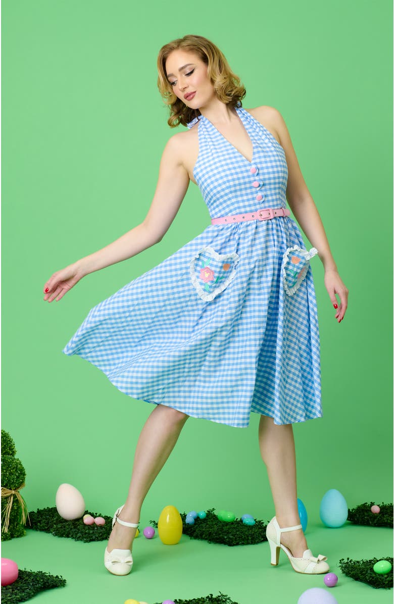 Unique Vintage Belted Scallop Front Halter Swing Dress, Alternate, color, Blue Gingham Floral