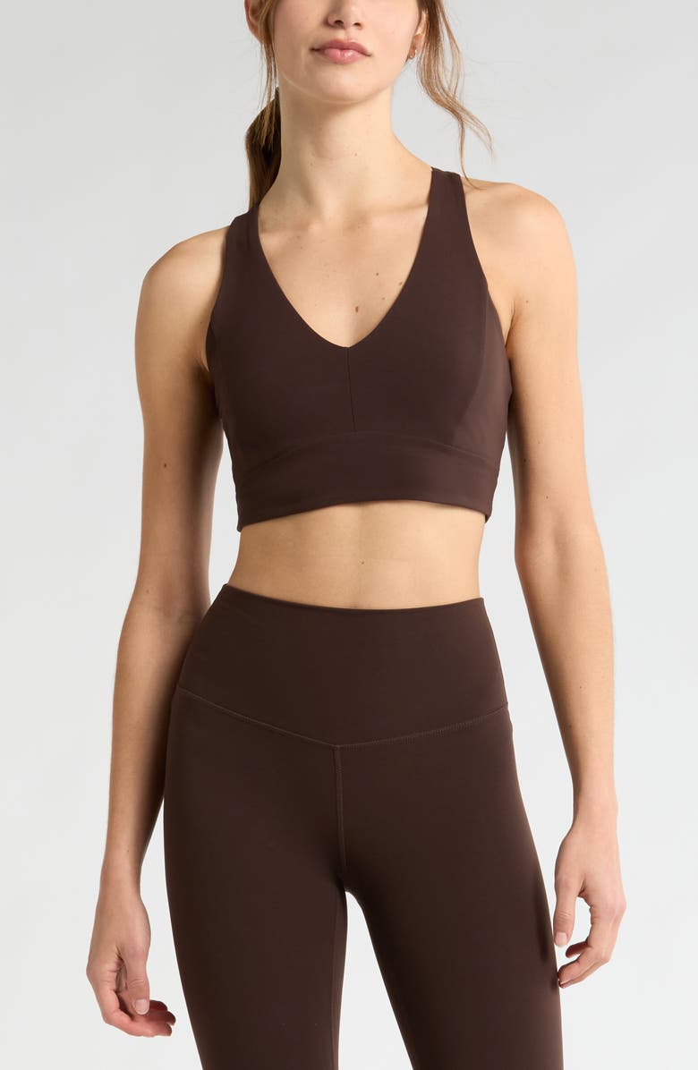 Zella Studio Luxe V-Neck Racerback Sports Bra, Main, color, Brown Mole