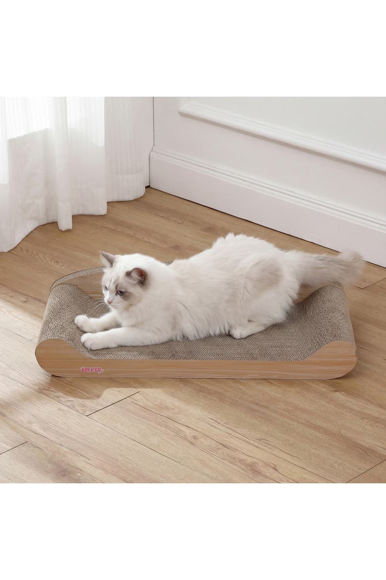 Montego Coastal Patterned Cardboard Lounge Bed Cat Scratcher with Catnip, Alternate, color, Oak Wood Finish