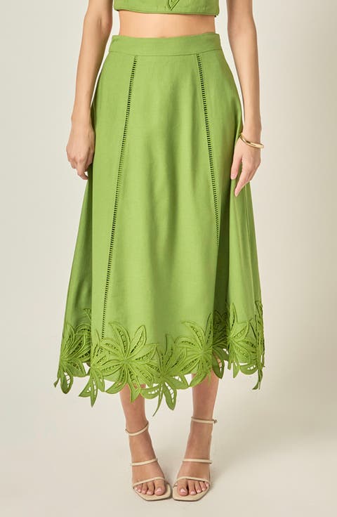 Palm Tree Embroidered Midi Skirt