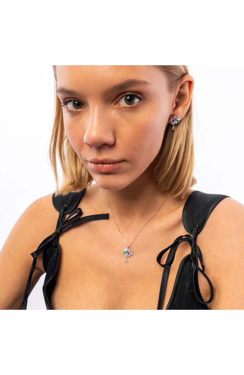 Spero London Pansy Violet Floral Necklace in Sterling Silver, Alternate, color, Silver