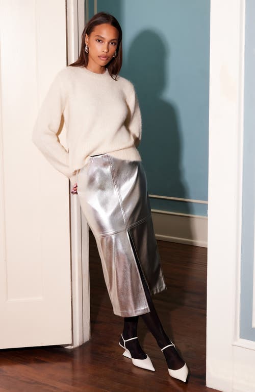 Fifteen Twenty Kaia Faux Leather Front Slit Midi Skirt In Silver In Metallic Silver