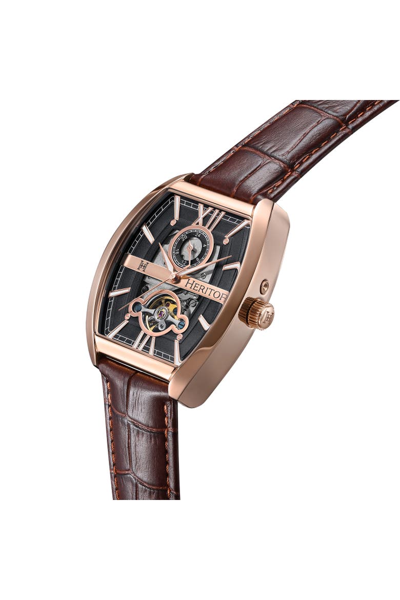 Masterson Semi-Skeleton Leather-Band Watch, Alternate, color, Rose Gold/Brown