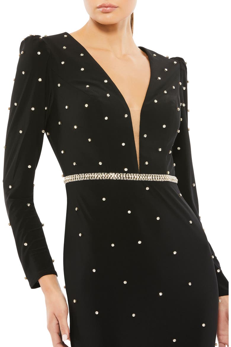 Crystal Detail Long Sleeve Column Gown, Alternate, color, BLACK SILVER