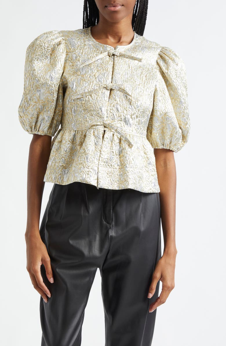 Ganni Metallic Jacquard Peplum Top, Main, color, 
