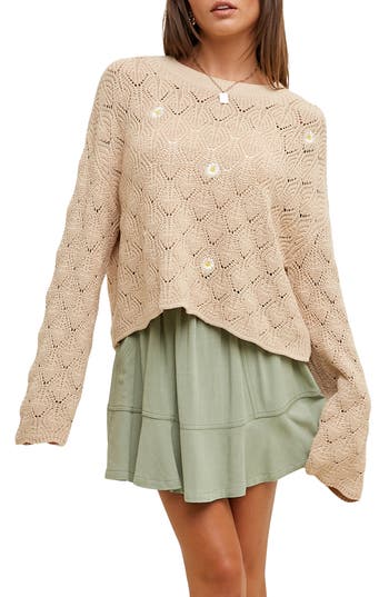 WISHLIST WISHLIST DAISY EMBROIDERED OPEN STITCH SWEATER 