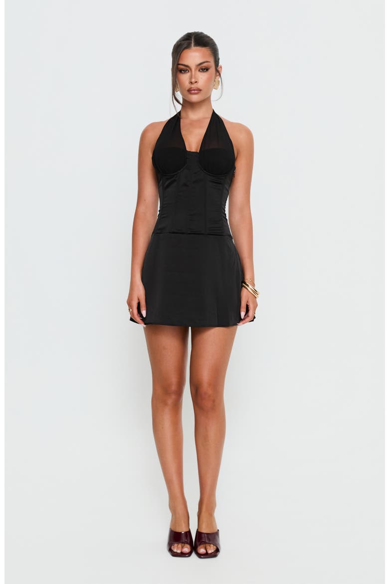 Evalana Corset Mini Halter Dress, Alternate, color, BLACK