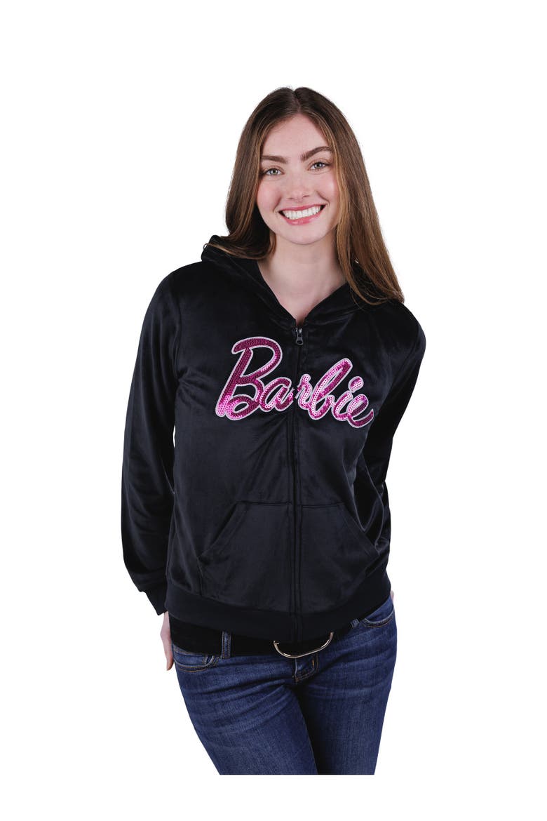 Velour Zip-Up Hoodie, Alternate, color, Black Pink