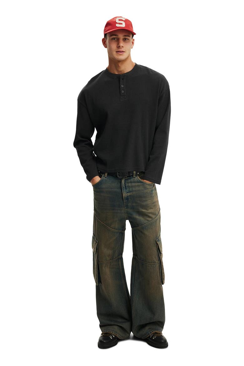 Men's Relaxed Fit Textured Henley Long Sleeve, Alternate, color, Washed Black Waffle