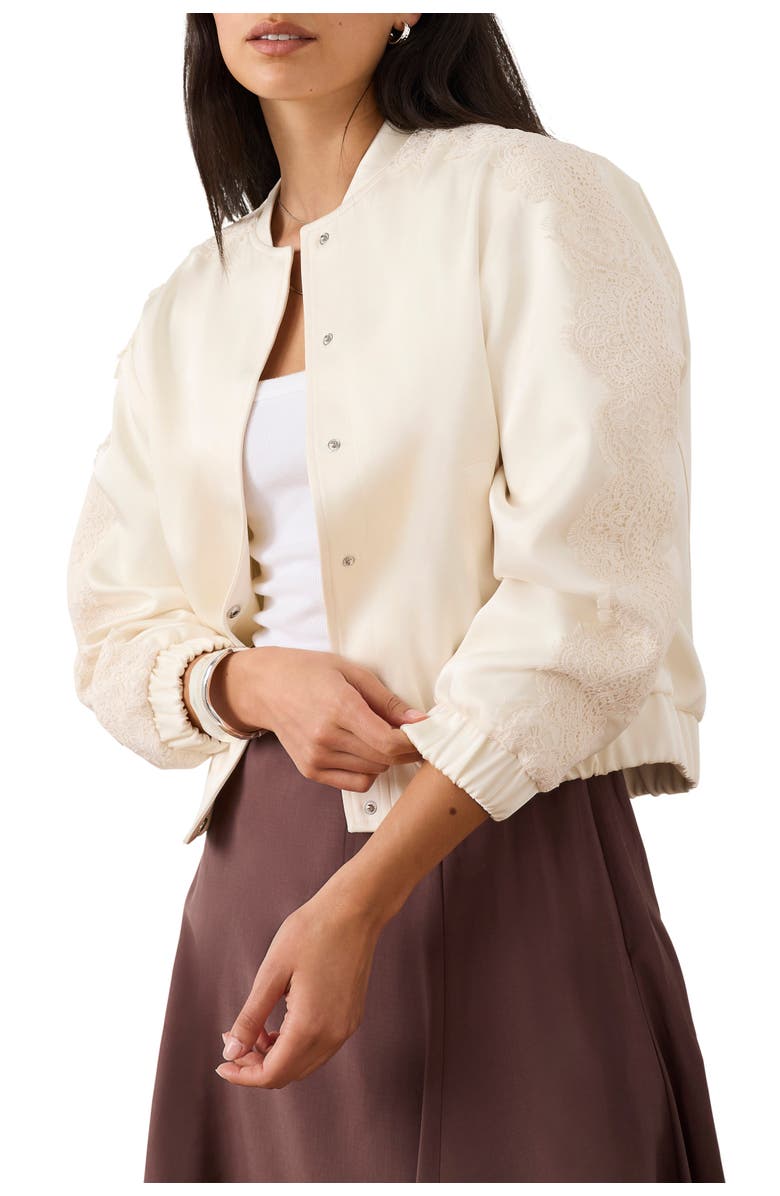 MINT VELVET Satin Lace Trim Bomber Jacket, Main, color, Cream