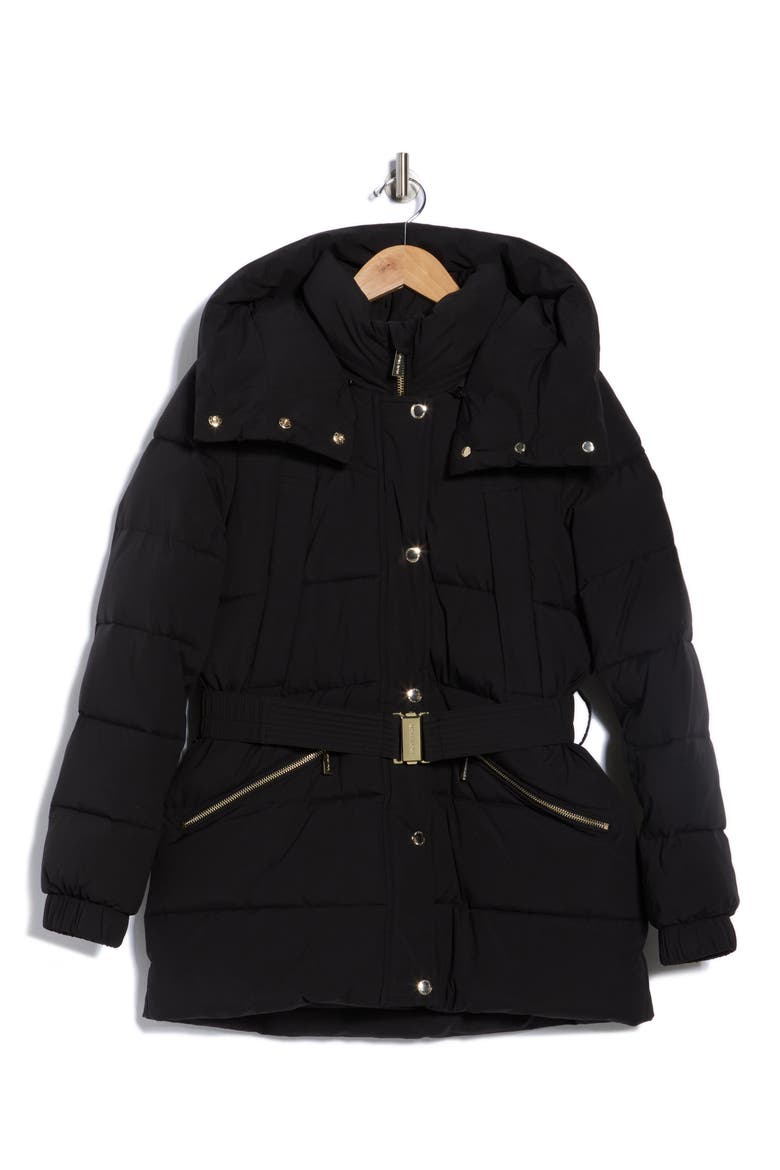 Belted Channel Quilted Hooded Puffer Coat, Alternate, color, BLACK