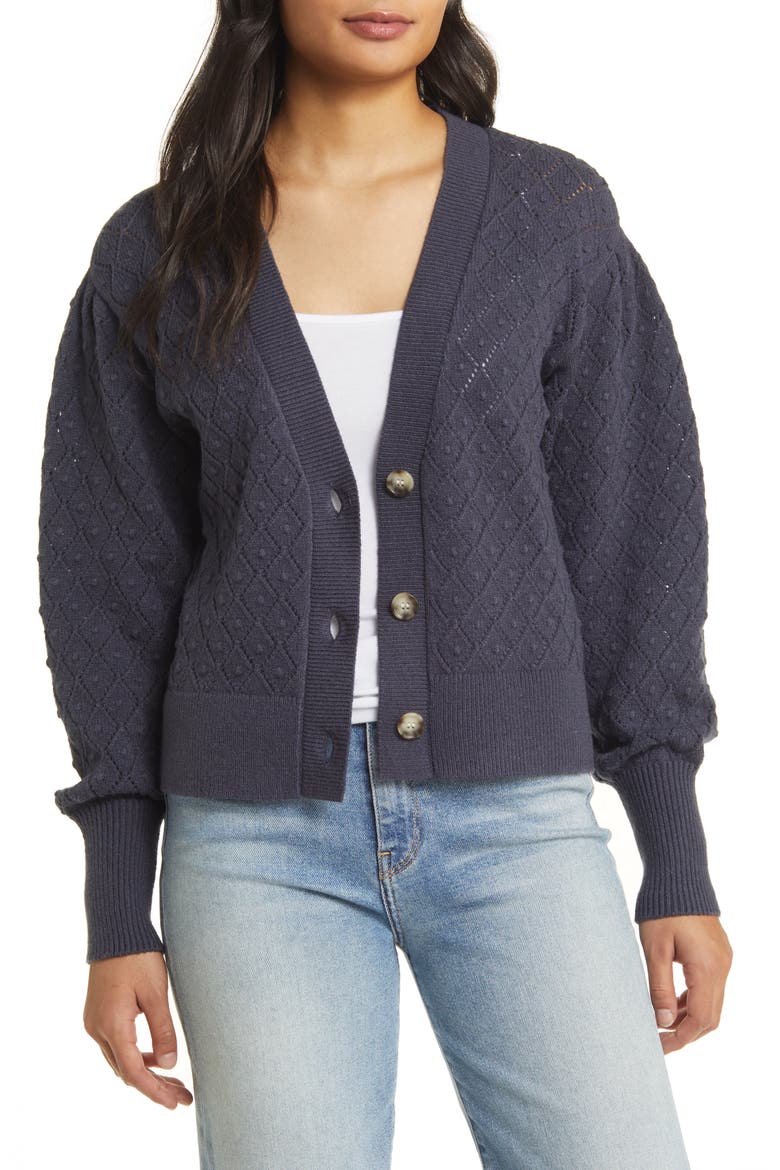 Pointelle Deep V-Neck Cardigan, Alternate, color, NAVY CHARCOAL