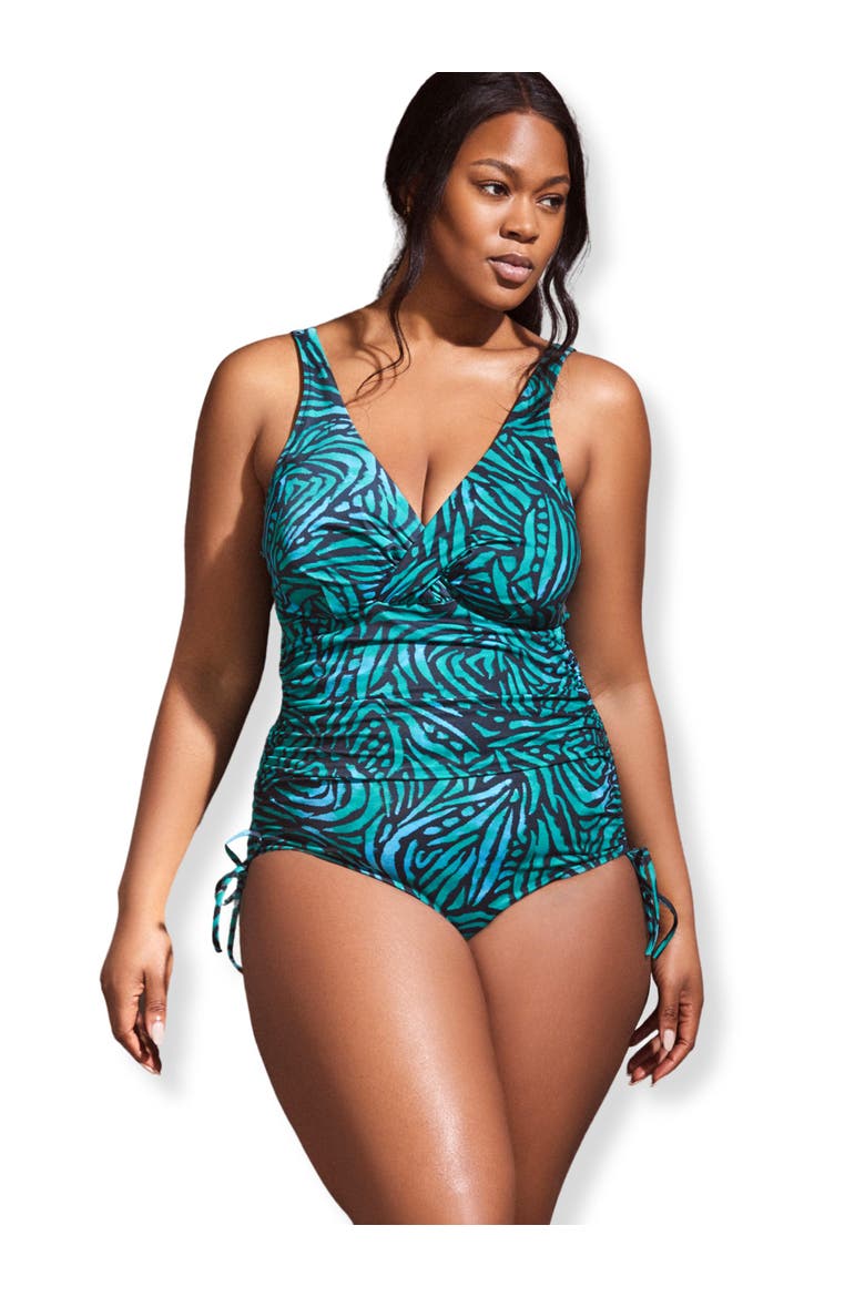 Abstract Print Ruched Swimsuit, Main, color, Green