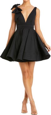 Mac Duggal Crepe Bow Strap Fit and Flare Mini Dress with V Neck