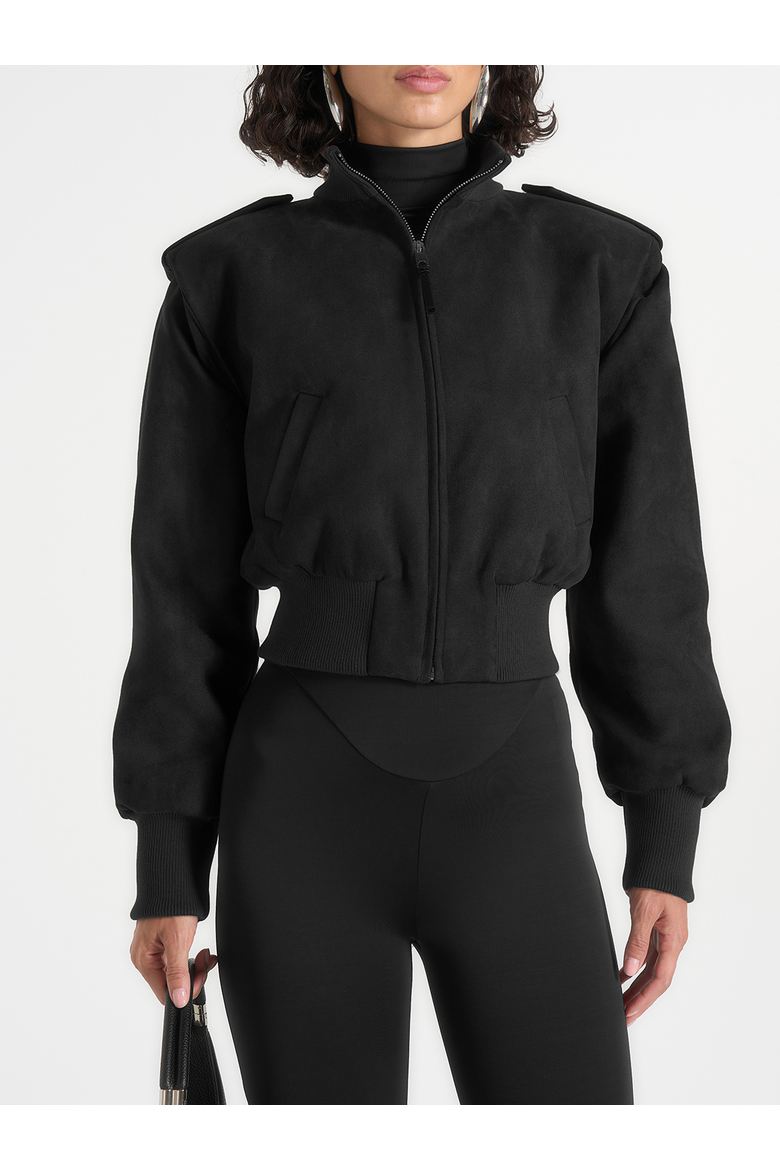 Delfina Suede Trench-Detail Bomber Jacket, Main, color, Black