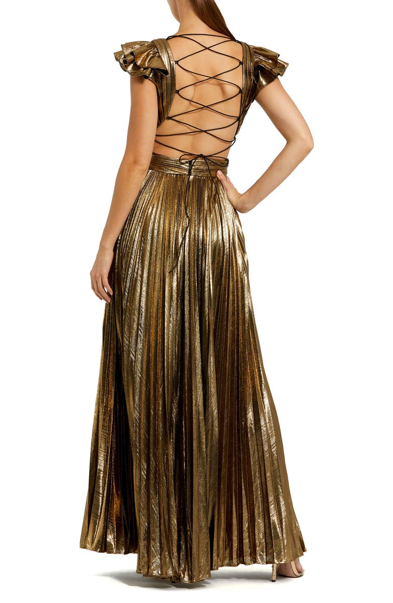 Mac Duggal Pleated Metallic Gown with Ruffle Sleeves and Waist Cutout, Alternate, color, Antique Gold