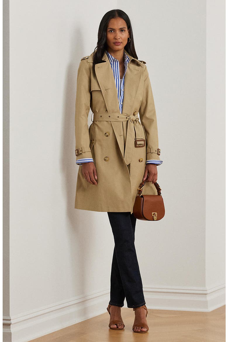 Double Breasted Belted Cotton Blend Trench Coat, Alternate, color, SAND
