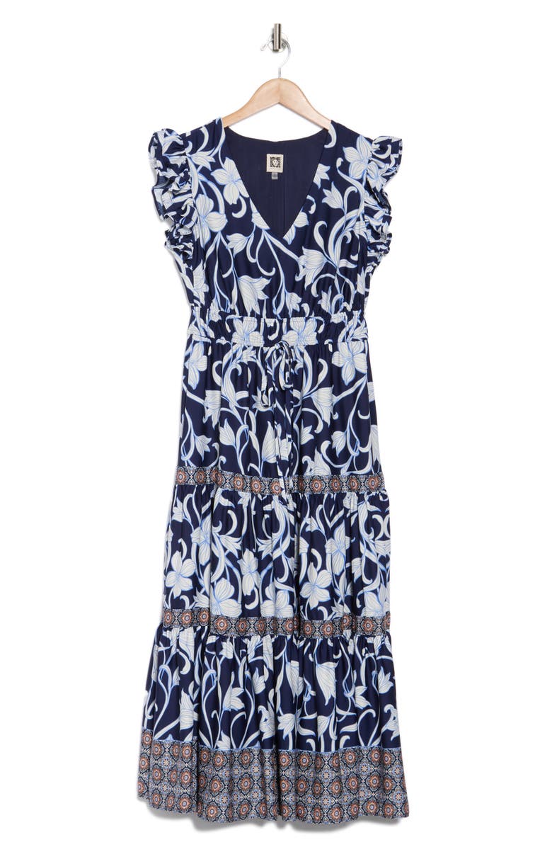 Anne Klein Floral Print Ruffle Tie Waist Maxi Dress, Alternate, color, Distant Mountain Multi