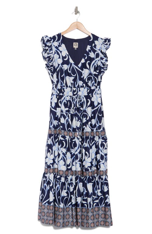 Anne Klein Floral Print Ruffle Tie Waist Maxi Dress In Distant Mountain Multi