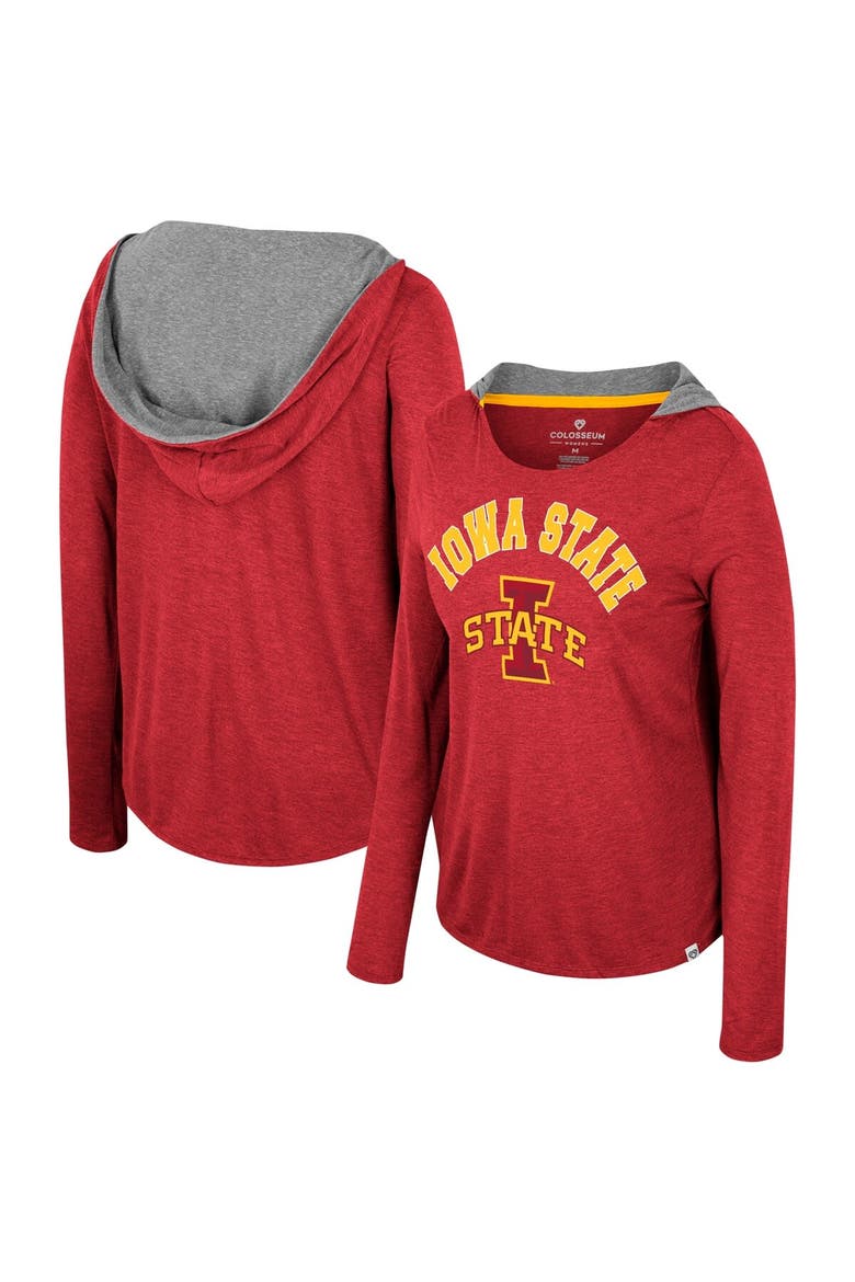 Women's Colosseum  Cardinal Iowa State Cyclones Distressed Heather Long Sleeve Hoodie T-Shirt, Main, color, Cardinal